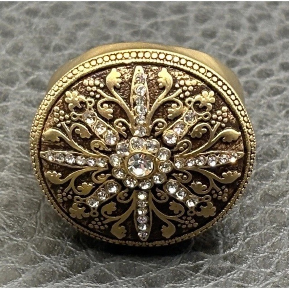 Huge Etruscan Style Dome Filigree Crystal Statement Ring Gold Tone Size 8
